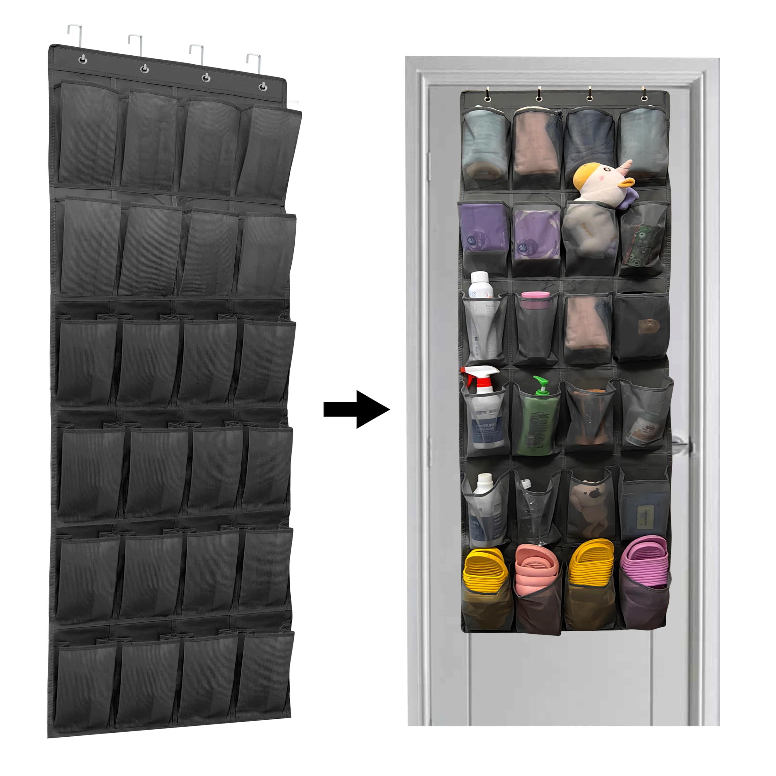 WANLD Space Saving Mesh 24 Pocket Shoe Organizer - Resistant, Breathable Closet Storage，Up to 40 Pounds, Over the Door, Sneakers. (Black, Pack of 1)