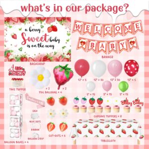 147pcs Strawberry Baby Shower Decorations Kit, A Berry Sweet Baby is on the Way Decorations Supplies, Strawberry Backdrop Tablecloth Balloon Cake Cupcake Topper Box Sash Banner for Baby Shower Girl