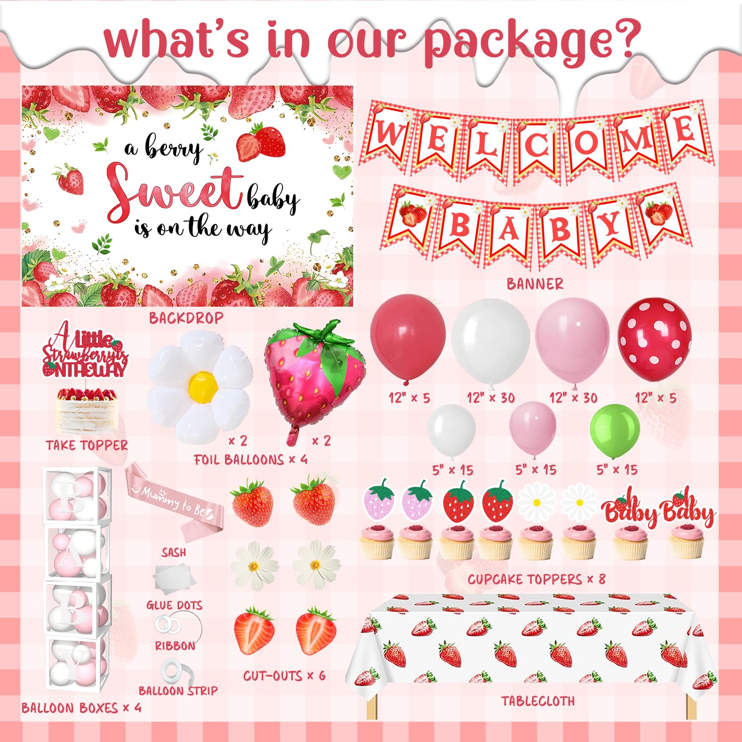 147pcs Strawberry Baby Shower Decorations Kit, A Berry Sweet Baby is on the Way Decorations Supplies, Strawberry Backdrop Tablecloth Balloon Cake Cupcake Topper Box Sash Banner for Baby Shower Girl