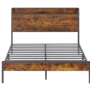 Full Size Bed Frame with Headboard and Storage Shelf, Metal Bed Frame with Charging Station(USB Port, Outlets), No Box Spring Needed, Noise Free, Full Bed Frame Rustic Brown (Rustic Brown, Full)