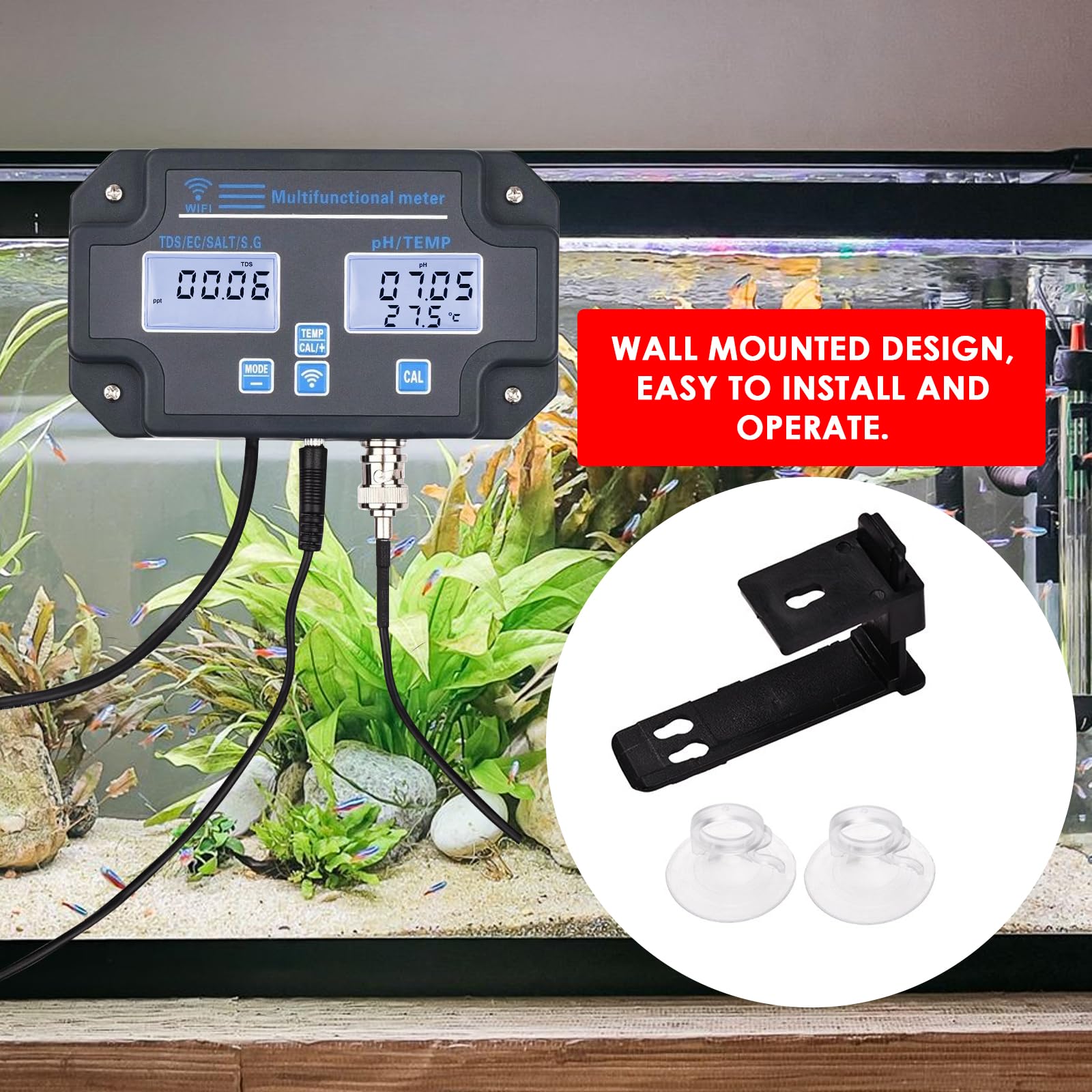 DANOPLUS Wireless Smart Water Quality Tester, Continuous App Monitoring for pH, EC, TDS, Salinity, SG, and Temperature Mountable with Alarm for Aquariums & Hydroponics