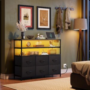 WLIVE Led Dresser for Bedroom, Black Dresser TV Stand for Bedroom with LED Lights and Power Outlet, Wide Chest of Drawers with Open Shelves for Entryway, 6 Fabric Drawers and Wood Top for Living Room