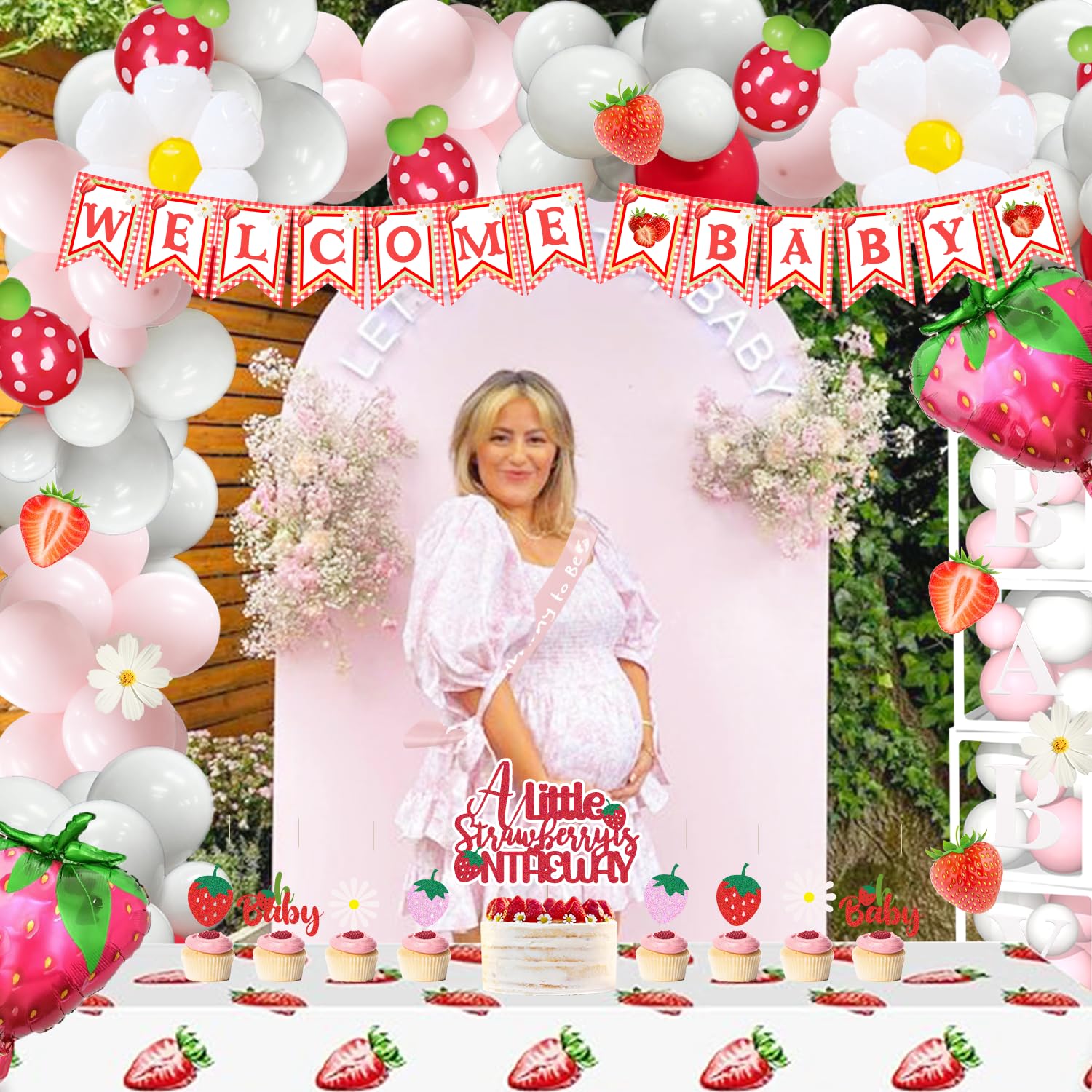 147pcs Strawberry Baby Shower Decorations Kit, A Berry Sweet Baby is on the Way Decorations Supplies, Strawberry Backdrop Tablecloth Balloon Cake Cupcake Topper Box Sash Banner for Baby Shower Girl