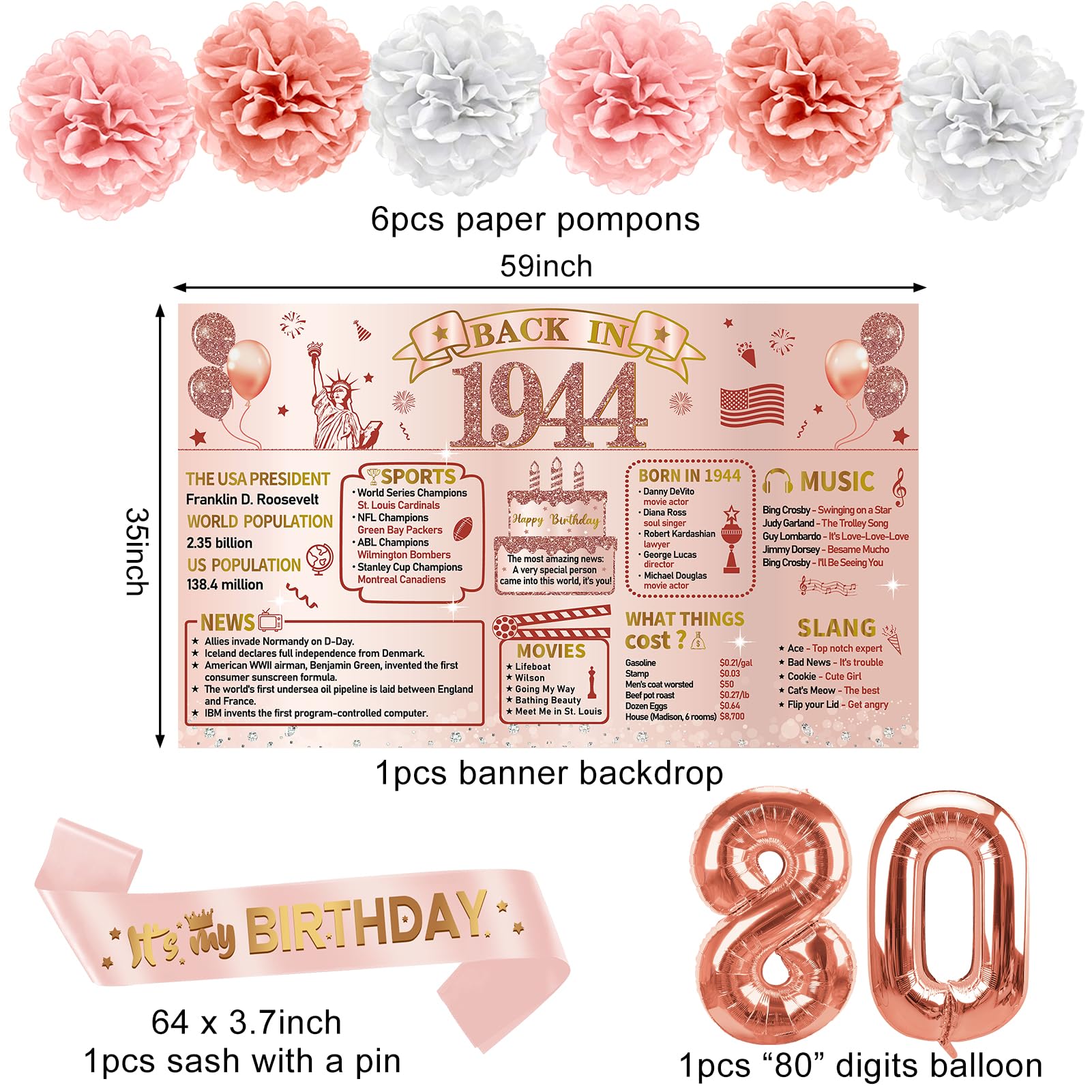 80th Birthday Decorations for Women - 21Pcs Back in 1944 80 Birthday Party Supplies, Rose Gold Happy 80th Birthday Banner Honeycomb Centerpiece Hanging Swirls for Eighty Birthday Table Decorations