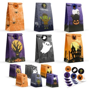 halloween treat bags - 24 pcs halloween party favors,halloween goodie bags with halloween stickers for kids | halloween candy bags - trick or treat bags,mini paper gift basket- halloween decorations crafts party supplies