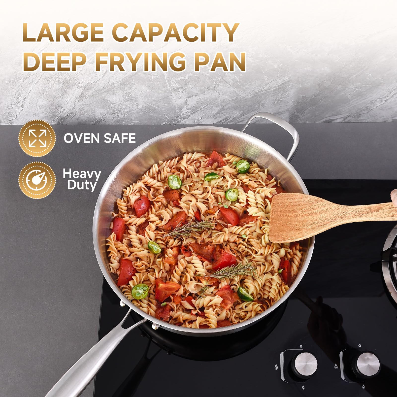 Inqibee 6 QT Tri-Ply Stainless Steel Sauté Pan with Lid, 12 Inch Induction Deep Frying Pan, Large Skillet,Jumbo Cooker, Dishwasher and Oven Safe,Detachable Handle.