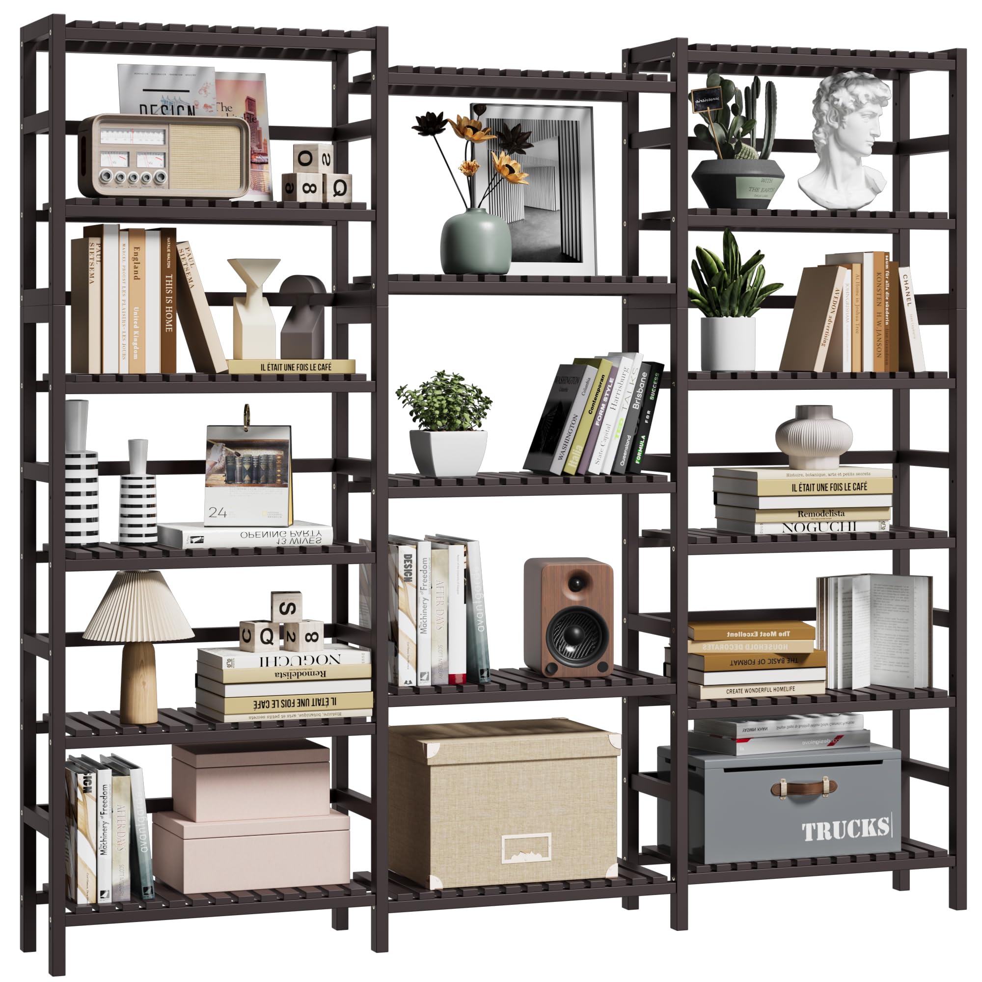 FOTOSOK Triple Wide 6-Tier Bookshelf and Bookcase,Large Freestanding Book Shelf with 17 Open Display Shelves, Tall Bookshelf Plant Flower Shelf Rack Storage Organizer Unit for Living Room, Dark Brown