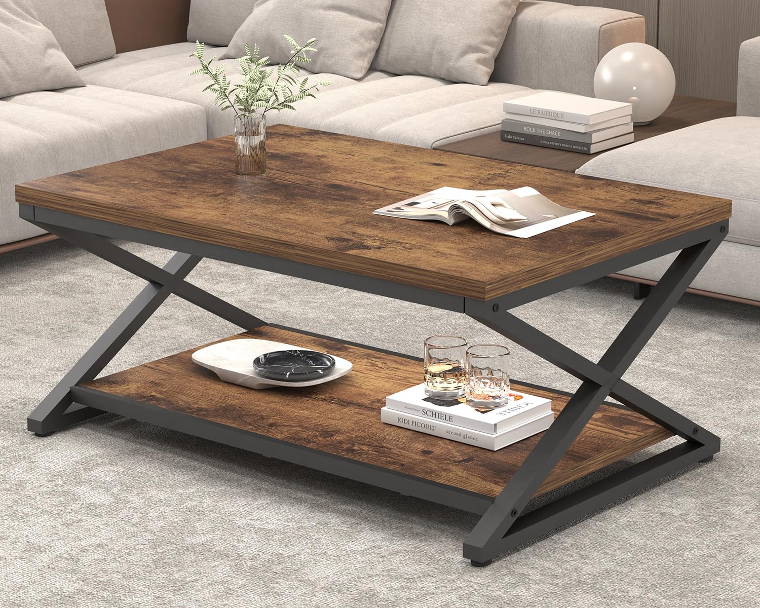 HSH Wood Coffee Table with Storage, Farmhouse Rustic Brown Coffee Table for Living Room, Modern Minimalist 2 Tier Center Table, Simple Rectangle Cocktail Tea Table in Home Office Bedroom, 39 Inch