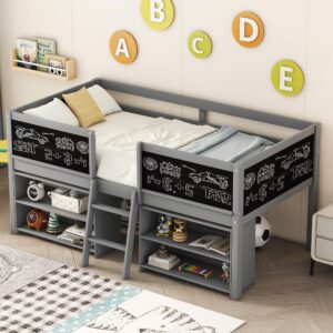 twin size low loft bed with movable shelves for kids,kids low loft bed frame with guardrail chalkboard and storage,solid wood loft bed twin for boys,girls(gray)