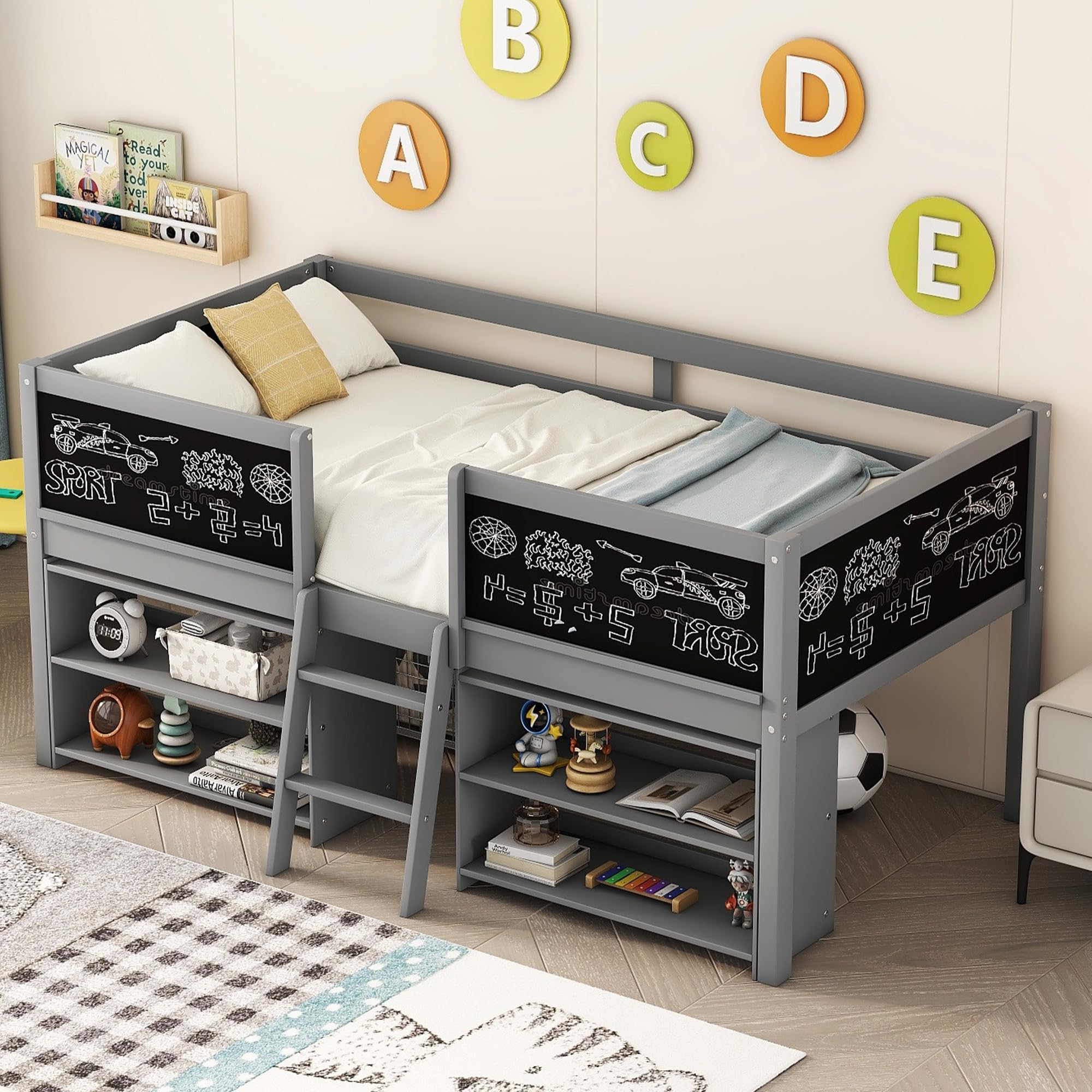 Twin Size Low loft Bed with Movable Shelves for Kids,Kids Low Loft Bed Frame with Guardrail Chalkboard and Storage,Solid Wood Loft Bed Twin for Boys,Girls(Gray)