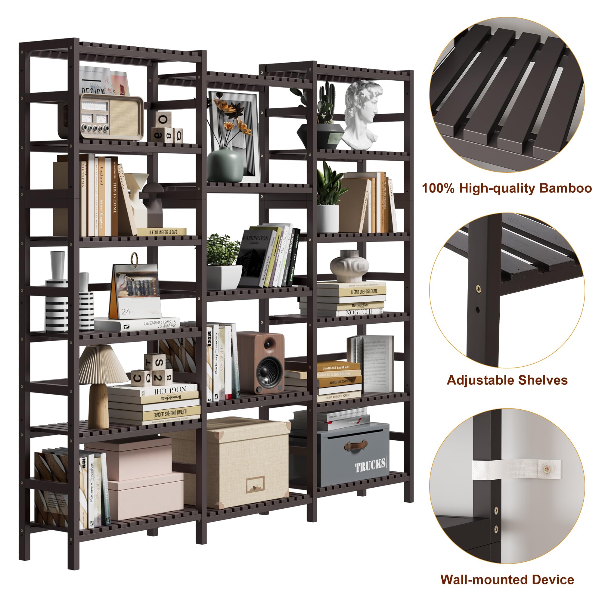 FOTOSOK Triple Wide 6-Tier Bookshelf and Bookcase,Large Freestanding Book Shelf with 17 Open Display Shelves, Tall Bookshelf Plant Flower Shelf Rack Storage Organizer Unit for Living Room, Dark Brown