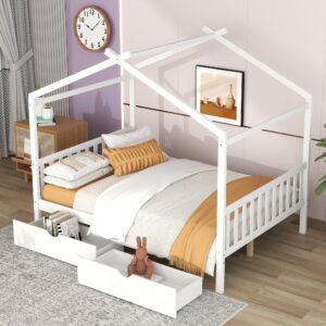 Full Size Bed Frame with Headboard and Footboard, Low House Bed/Full Bed Frame with Storage Drawer, Wood Bed Frame for Kids, Girls, Boys (White Drawer, Full)