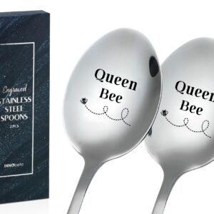 INNObeta Bee Gifts for Women, Engraved Ice Cream Spoons, 2 Pcs Stainless Steel Coffee Spoon, Queen Bee