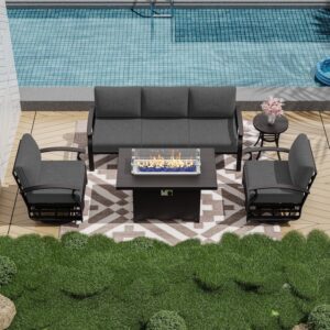 ASJMR Patio Furniture Set 5-Piece Aluminum armrest Sofa, Modern Outdoor Living Room Set with 55000 BTU Propane Aluminum Fireplace, Outdoor Rotary Joystick with Thick Cushion