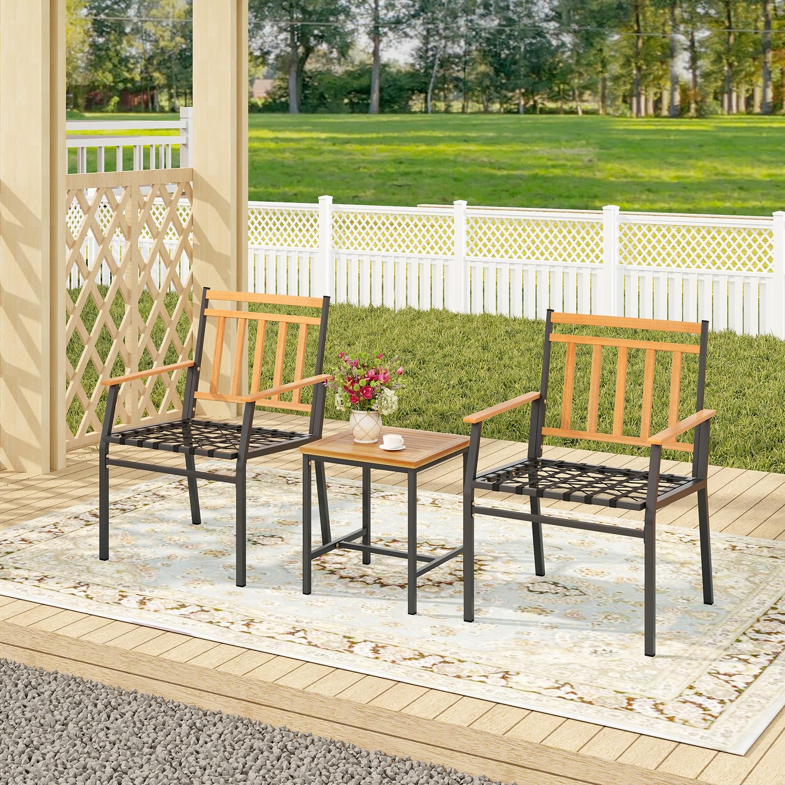 Tangkula 3 Pieces Acacia Wood Bistro Set, Patio Conversation Set with Cushions and Coffee Table, Outdoor Bistro Table and Chairs Set for Porch, Balcony, Garden and Backyard (Off White)