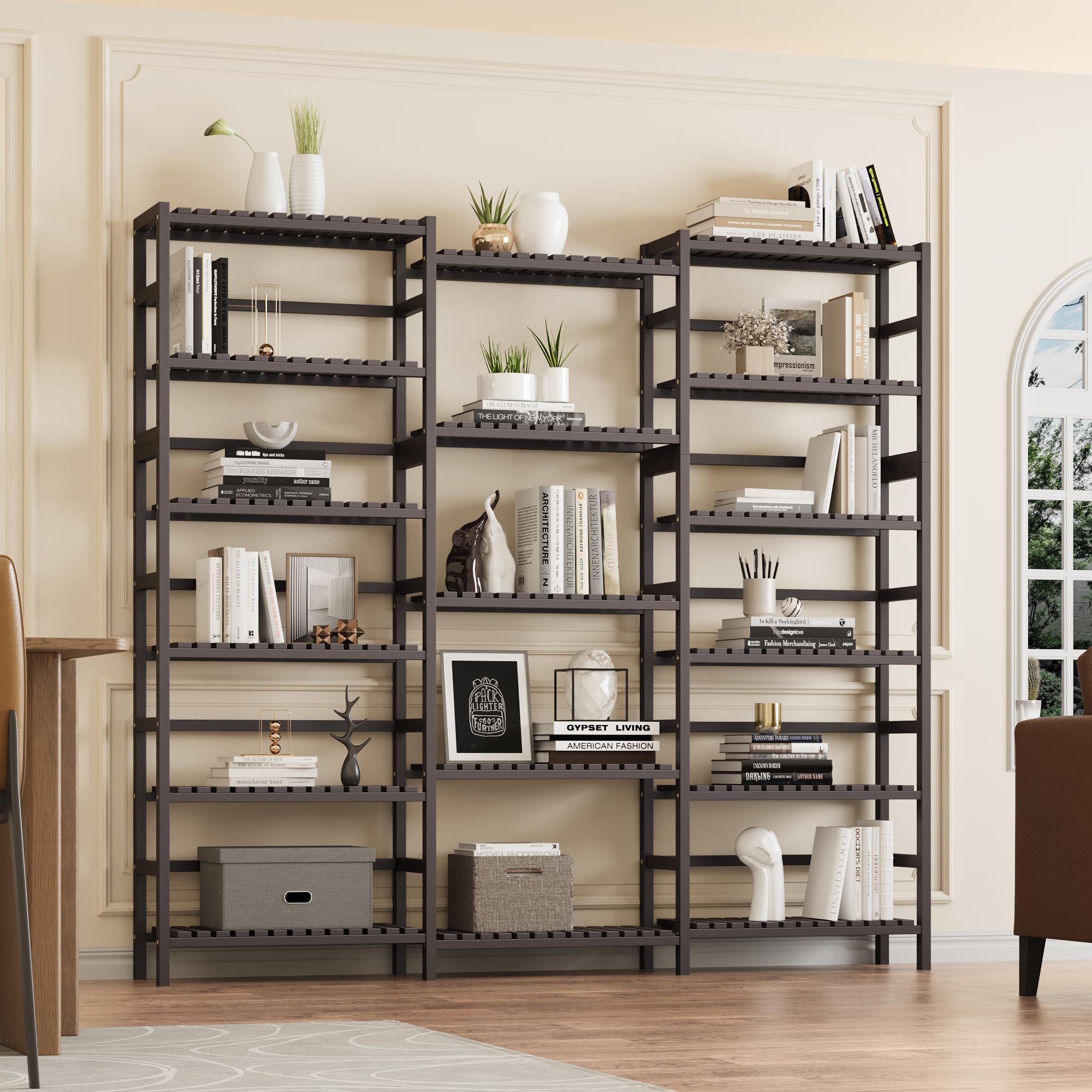 FOTOSOK Triple Wide 6-Tier Bookshelf and Bookcase,Large Freestanding Book Shelf with 17 Open Display Shelves, Tall Bookshelf Plant Flower Shelf Rack Storage Organizer Unit for Living Room, Dark Brown