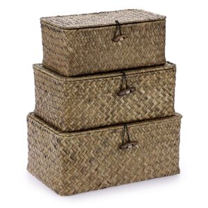 gushbin shelf baskets with lid - natural seagrass storage baskets for shelf organizing woven wicker basket bins decorative lidded basket box bin for home office organizer, coffee color,set of 3