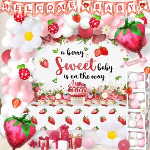 147pcs strawberry baby shower decorations kit, a berry sweet baby is on the way decorations supplies, strawberry backdrop tablecloth balloon cake cupcake topper box sash banner for baby shower girl