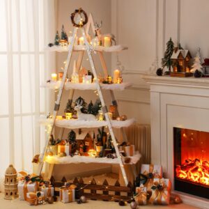 quzzil christmas village display shelves 4 tier ladder bookshelf a shaped bookcase with artificial snow blanket tall wooden ladder shelf storage organizer for living room home office (white)