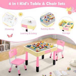 GITAWUSA 4 in 1 Kids Table and Chairs Set, Toddler Table and Chair Set for Kids Ages 3-10, 29.5" L x 23.6" W Activity Table w/Storage, Graffiti & Building Blocks Double-Sided Tabletop, Lovely Pink