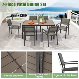 Tangkula 7 Piece Outdoor Dining Set, Patio Furniture Set w/ 6 Stackable Chairs & Large Rectangle Table, Dining Table Set for 6, Backyard, Porch, Garden, Poolside (Gray)