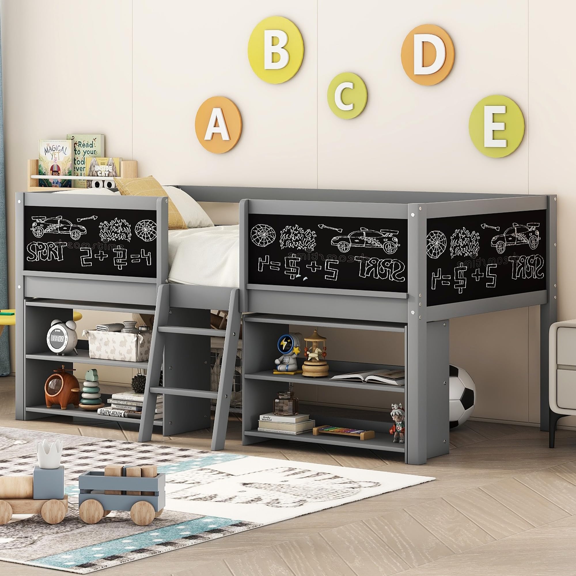 Twin Size Low loft Bed with Movable Shelves for Kids,Kids Low Loft Bed Frame with Guardrail Chalkboard and Storage,Solid Wood Loft Bed Twin for Boys,Girls(Gray)