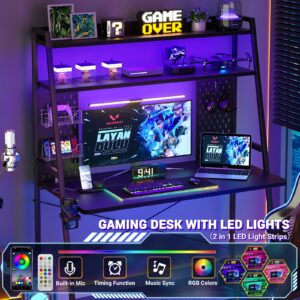 Besiost Small Gaming Desk with Hutch and LED Lights, Gaming Computer Desk with Power Outlets, Gamer Desk with Storage Shelves, PC Gaming Desk with Pegboards for Bedroom Small Spaces, Black, 43"