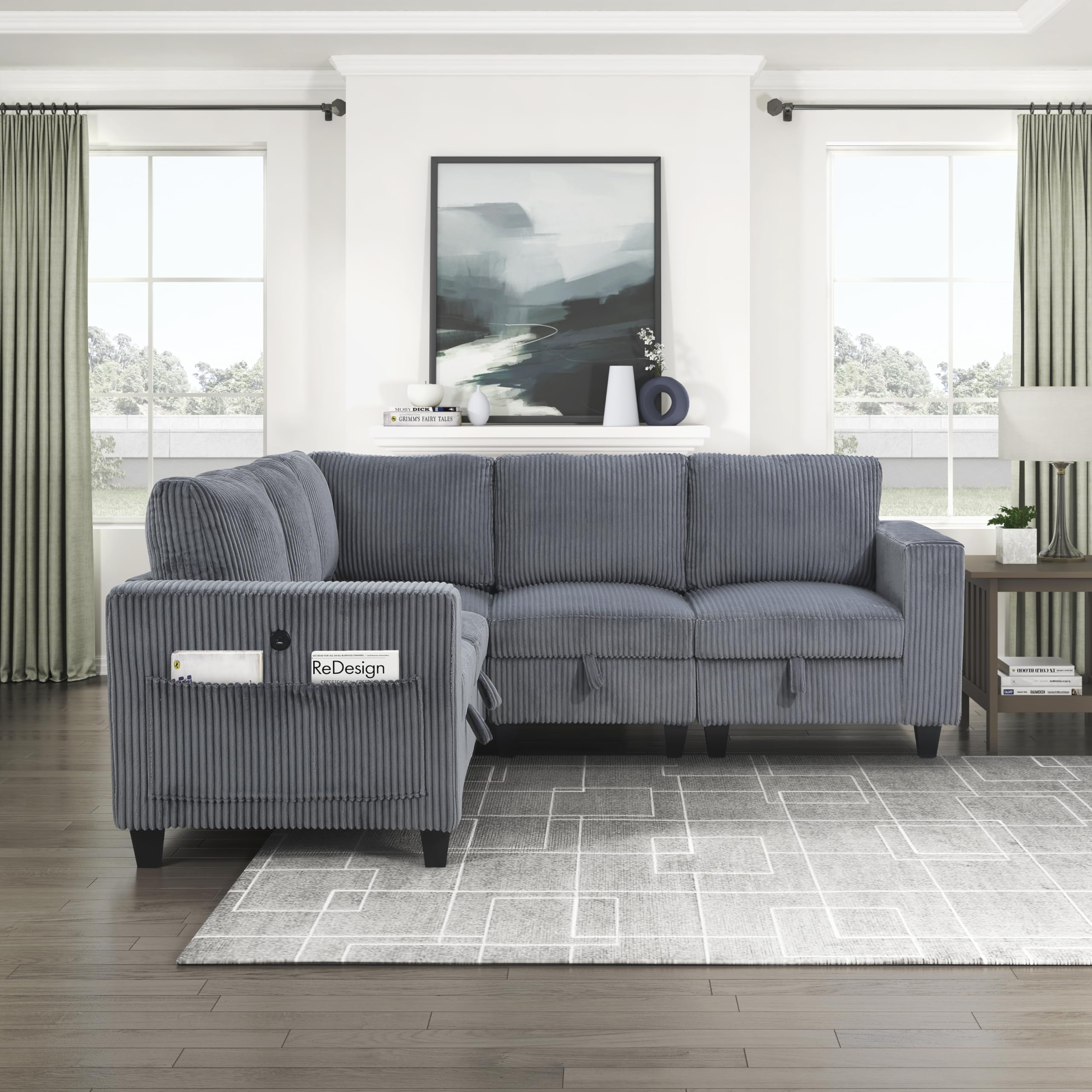 Lexicon Modular Sectional Sofa for Living Room, Corduroy Sofa Couch with Storage Pouches, and Charging Port, Customizable Sectional Sofa Couch for Living Room Furniture, 5 Seater L-Shaped Couch, Grey