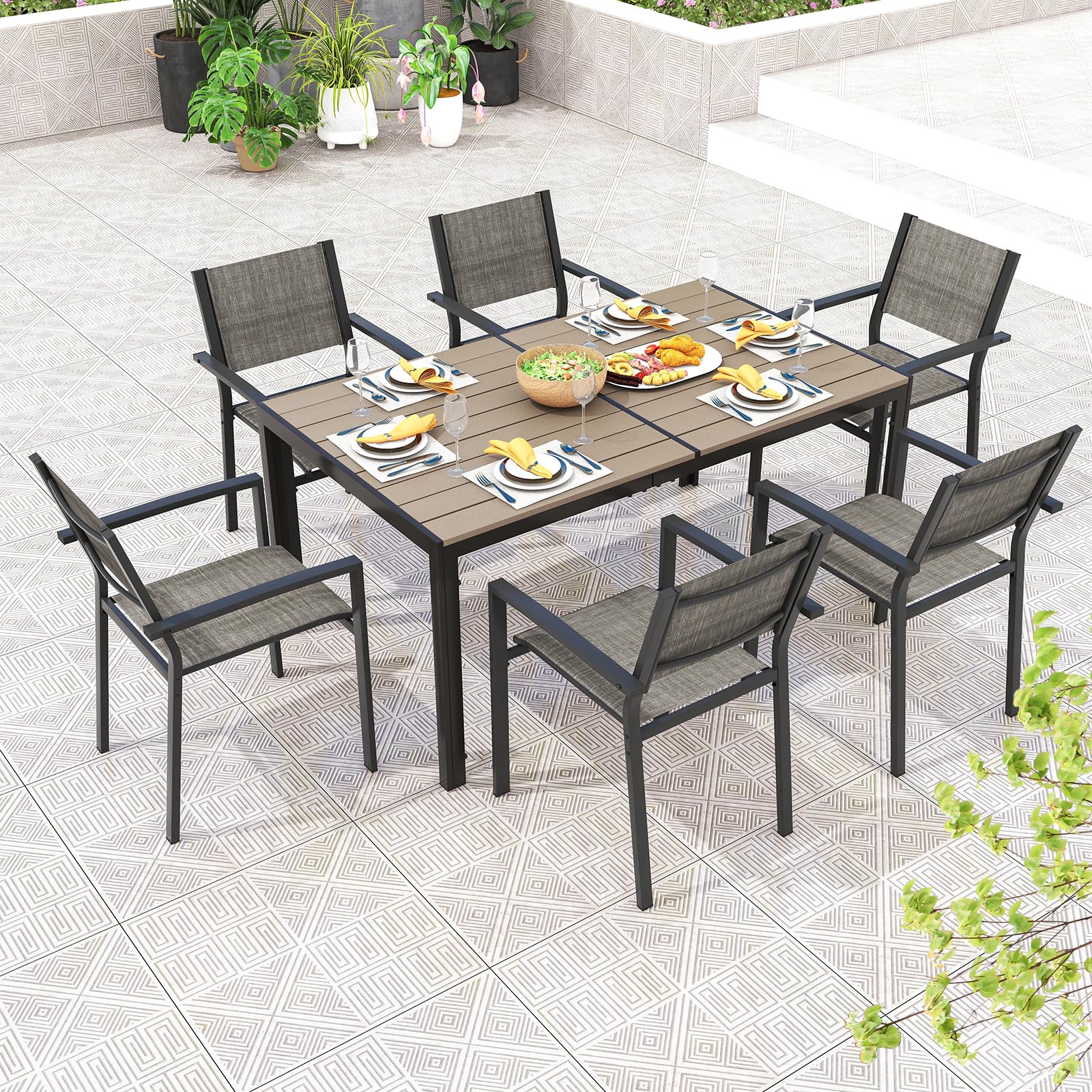 Tangkula 7 Piece Outdoor Dining Set, Patio Furniture Set w/ 6 Stackable Chairs & Large Rectangle Table, Dining Table Set for 6, Backyard, Porch, Garden, Poolside (Gray)