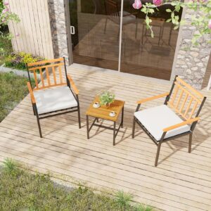 Tangkula 3 Pieces Acacia Wood Bistro Set, Patio Conversation Set with Cushions and Coffee Table, Outdoor Bistro Table and Chairs Set for Porch, Balcony, Garden and Backyard (Off White)