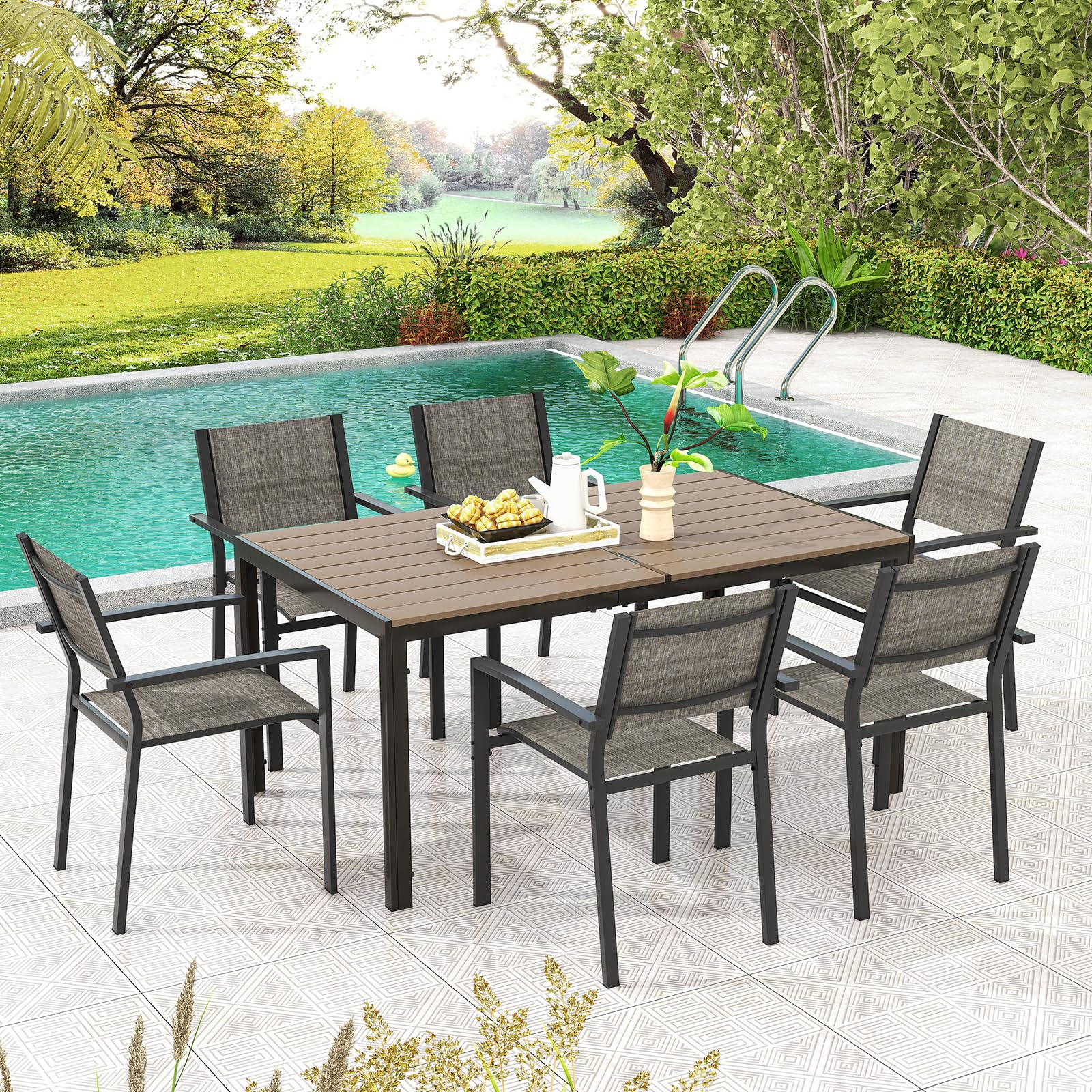 Tangkula 7 Piece Outdoor Dining Set, Patio Furniture Set w/ 6 Stackable Chairs & Large Rectangle Table, Dining Table Set for 6, Backyard, Porch, Garden, Poolside (Gray)