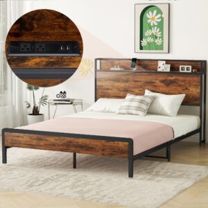 full size bed frame with headboard and storage shelf, metal bed frame with charging station(usb port, outlets), no box spring needed, noise free, full bed frame rustic brown (rustic brown, full)