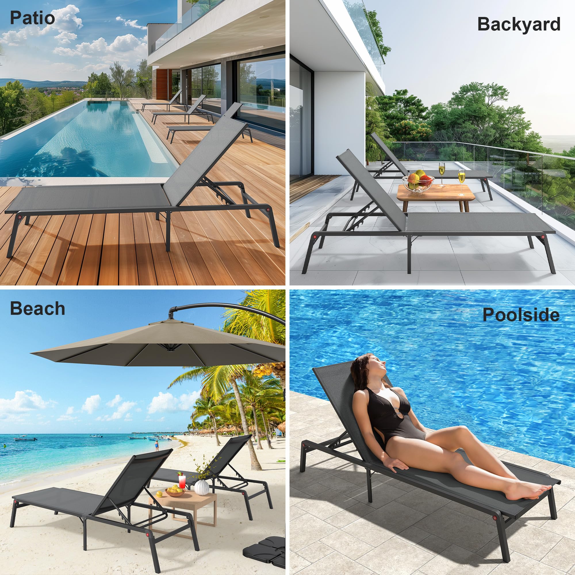 BSTOKCAM Set of 2 Chaise Lounge Chair, Foldable Outdoor Tanning Chaise Lounge with 5 Level Adjustable Backrest, Stainless Aluminum Lounge Chair for Patio, Pool, Beach - Grey