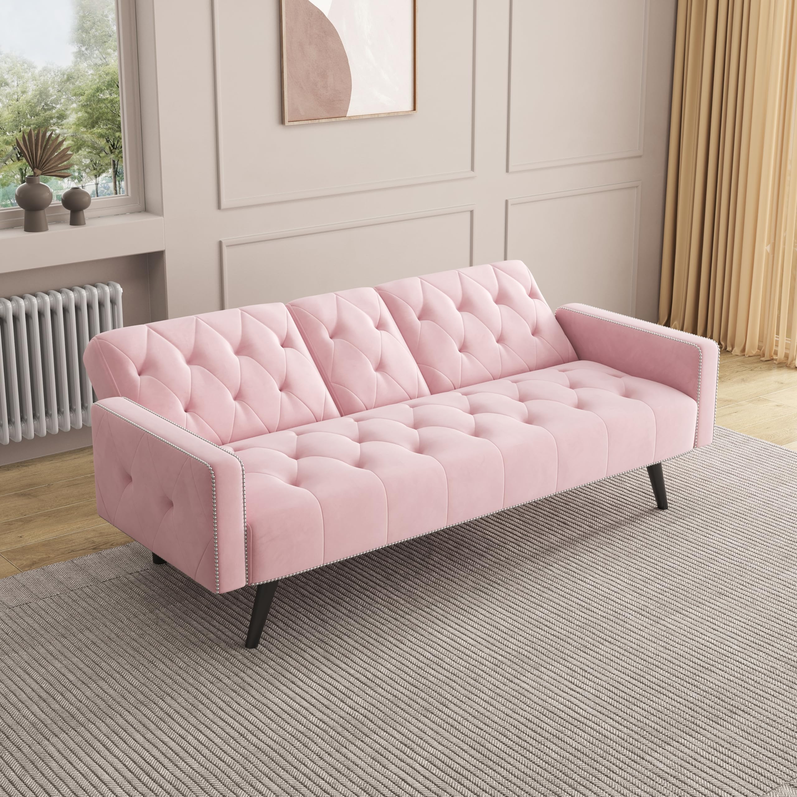 BKSFOAA Pink Futon Sofa Bed, Convertible Futon Sofa with Cup Holders and Nail Head Trim | Velvet Sofa for Small Spaces, Living Room, Dorm, Office