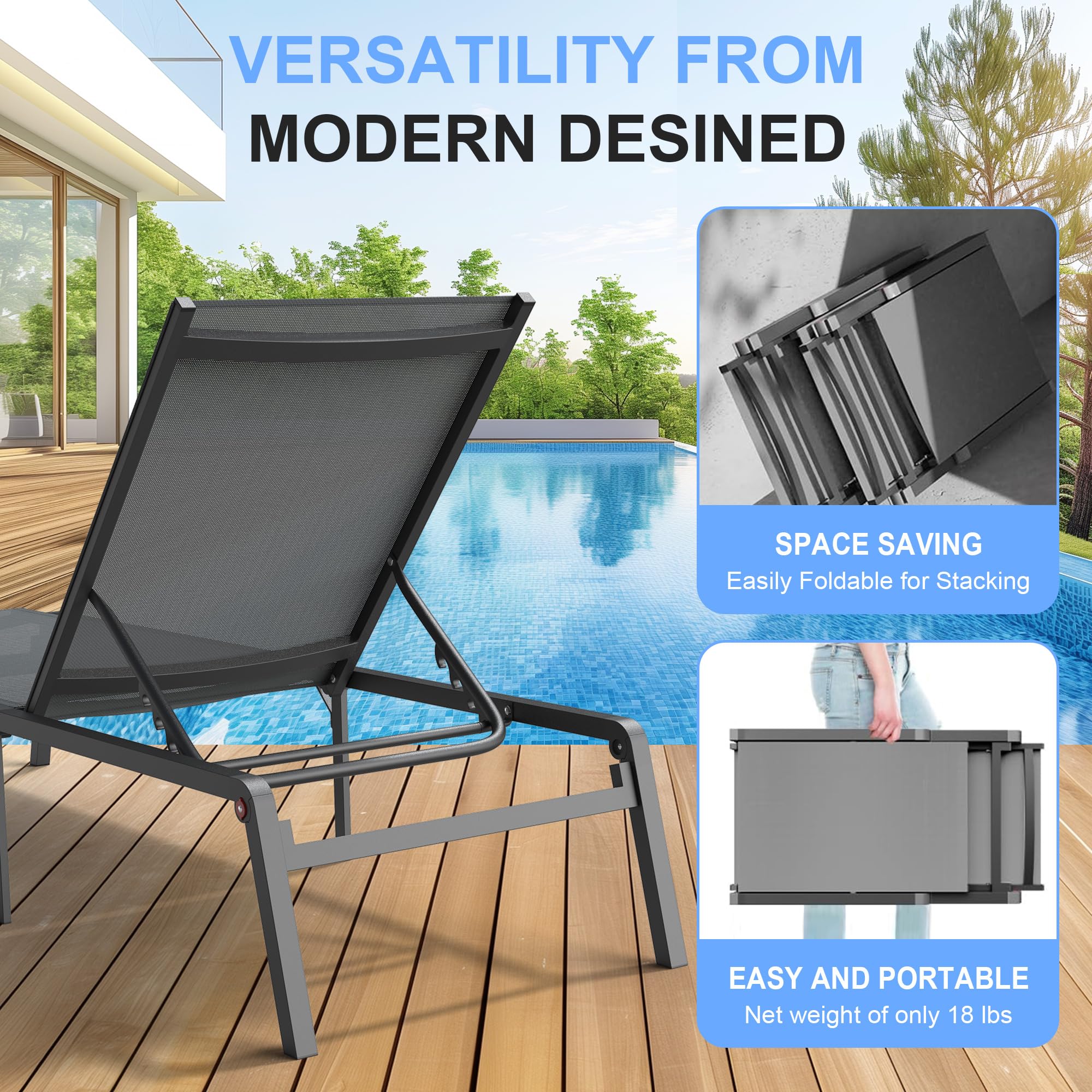 BSTOKCAM Set of 2 Chaise Lounge Chair, Foldable Outdoor Tanning Chaise Lounge with 5 Level Adjustable Backrest, Stainless Aluminum Lounge Chair for Patio, Pool, Beach - Grey