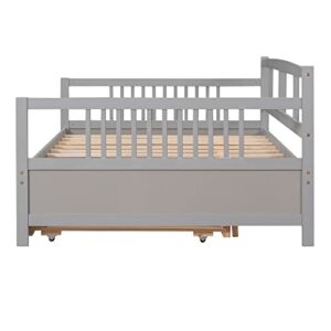 Merax Full Size Daybed Wood Bedframe with Twin Size Trundle and Guardrail for Girs and Boys Bedroom