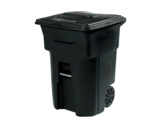 generic 96 gallon black outdoor rolling garbage/trash can with wheels and attached lid zp01730, like an amage