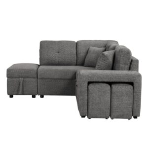 Reversible Sleeper Sectional Sofa Pull Out Couch Bed with Storage Ottoman and 2 Stools, Comfy Chenille Upholstered Convertible Corner Sofá Sofabed w/ Wireless Charger and USB Ports for Living Room