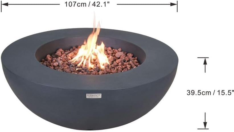 AMS Fireplace Elementi Lunar Bowl Cast Concrete Fire Table Bundle, Outdoor Fire Pit Fire TablePatio Furniture, Dark Gray (Natural Gas)