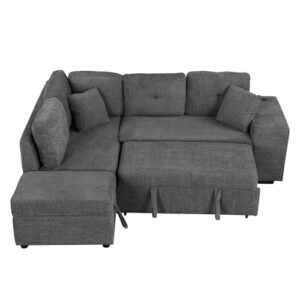 Reversible Sleeper Sectional Sofa Pull Out Couch Bed with Storage Ottoman and 2 Stools, Comfy Chenille Upholstered Convertible Corner Sofá Sofabed w/ Wireless Charger and USB Ports for Living Room