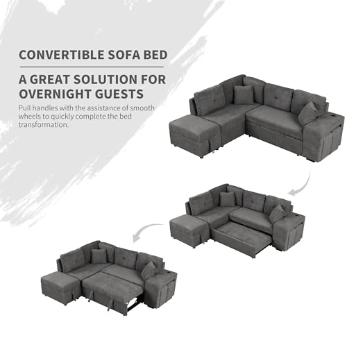 Reversible Sleeper Sectional Sofa Pull Out Couch Bed with Storage Ottoman and 2 Stools, Comfy Chenille Upholstered Convertible Corner Sofá Sofabed w/ Wireless Charger and USB Ports for Living Room