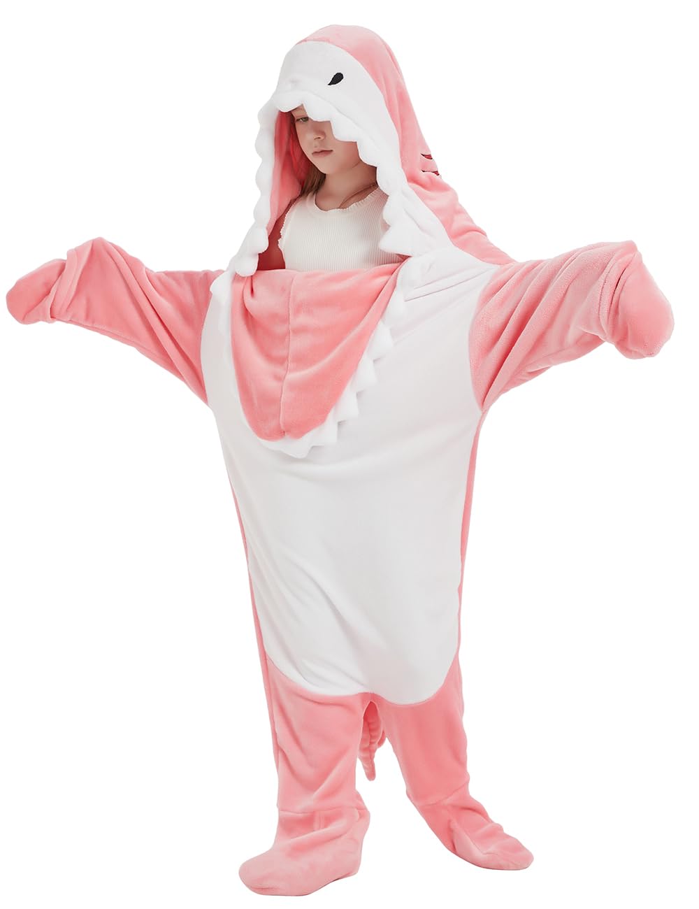 NAFLEAP Wearable Blanket Hoodie kids Shark Dinosaur Onesie Costume Gifts for Girls, Shark pink, 140