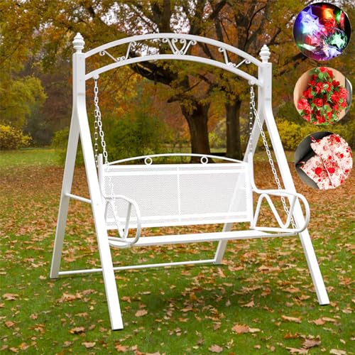 White,PARTSUN Upgraded Metal Patio Porch Swing with A-Frame Stand Heavy Duty Metal Hanging Porch Swing Chair Patio Hanging Bench Swing with Adjustable Chains for Garden, Balcony, Living Room