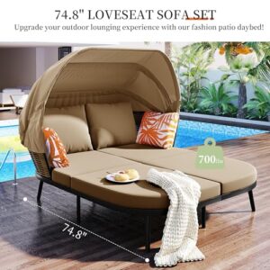 EOVTK Patio Daybed Double Chaise Lounge with Retractable Canopy, Cushions and Metal Frame, Outdoor PE Wicker Back Loveseat Sofa Set for Backyard, Poolside, Garden, Brown