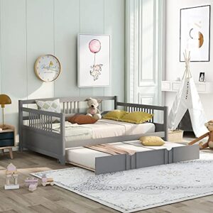 merax full size daybed wood bedframe with twin size trundle and guardrail for girs and boys bedroom