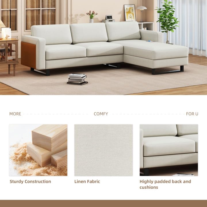 Olodumare Convertible Sectional Sofa, L Shaped Couch with Reversible Chaise for Small Space, 3 Seat Sofa with USB Port, Linen Fabric, for Living Room, Office, Apartment, Beige