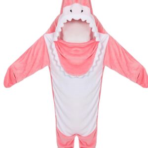 NAFLEAP Wearable Blanket Hoodie kids Shark Dinosaur Onesie Costume Gifts for Girls, Shark pink, 140