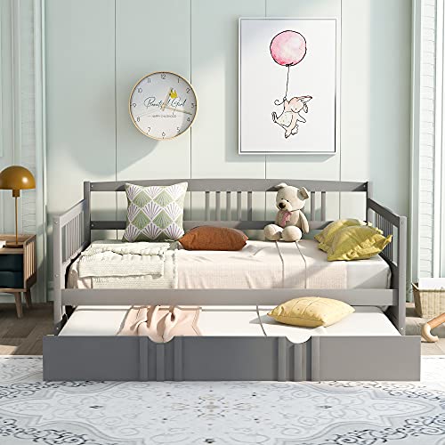 Merax Full Size Daybed Wood Bedframe with Twin Size Trundle and Guardrail for Girs and Boys Bedroom