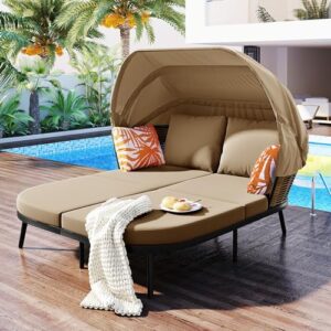 eovtk patio daybed double chaise lounge with retractable canopy, cushions and metal frame, outdoor pe wicker back loveseat sofa set for backyard, poolside, garden, brown