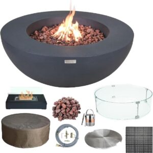 AMS Fireplace Elementi Lunar Bowl Cast Concrete Fire Table Bundle, Outdoor Fire Pit Fire TablePatio Furniture, Dark Gray (Natural Gas)